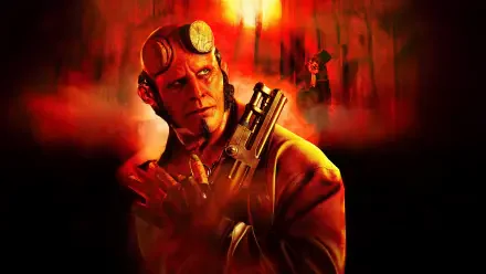 Hellboy: The Crooked Man — 5K Ultra HD PC Desktop Wallpaper and Background: Hellboy bathed in red light, gun raised, misty woods and a glowing lantern behind him.