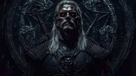 Geralt of Rivia stands in a dark, atmospheric setting from the TV show The Witcher, showcasing his iconic armor and swords against a detailed background.