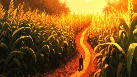 Silhouette of a person walking through a winding path in a sunlit corn maze, with towering cornfields on either side, captured in vivid 4K Ultra HD detail.