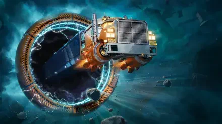 A vibrant HD desktop wallpaper featuring a futuristic truck emerging from a glowing portal, encapsulating the adventurous spirit of the video game Star Trucker.