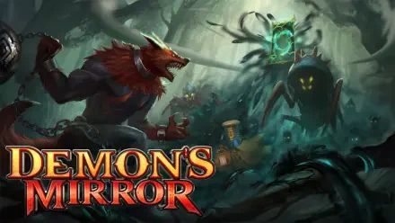 An HD PC desktop wallpaper featuring Demon's Mirror, showcasing a dark, immersive scene with mystical creatures and a foreboding forest backdrop.