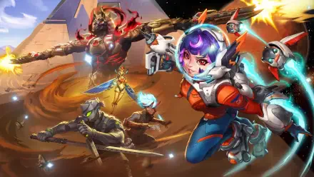 2K Quad HD PC desktop wallpaper/background for Overwatch and Overwatch 2: Juno (Overwatch) dashing forward as Reaper (Overwatch) and other heroes clash amid fiery energy.