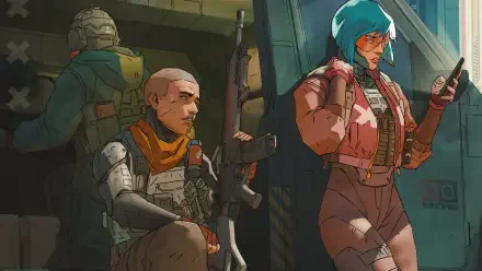 Vivid HD wallpaper from the video game Spectre Divide, showcasing two characters in a stylized, action-packed scene, emphasizing their futuristic outfits and weapons.