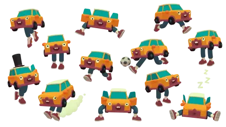 Playful design from the video game WHAT THE CAR? featuring colorful cartoonish cars in various poses, presented as an 8K Ultra HD PC desktop wallpaper and background.