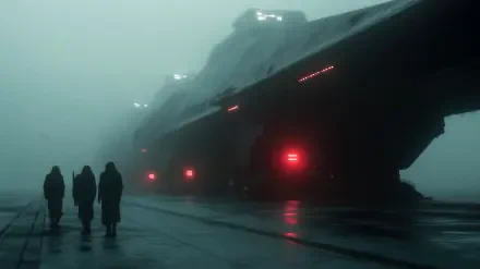 A foggy sci-fi landscape featuring silhouetted figures walking beside a massive, illuminated futuristic ship in 4K Ultra HD detail.