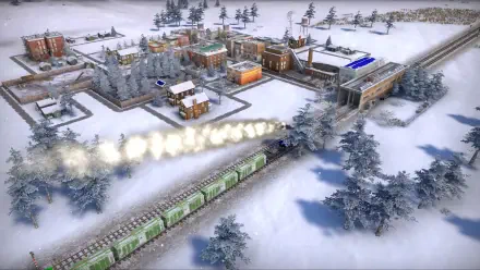 A scenic HD wallpaper from Railroad Corporation 2 features a train traversing a snowy landscape, surrounded by a charming town and evergreen trees, capturing the essence of winter gameplay.