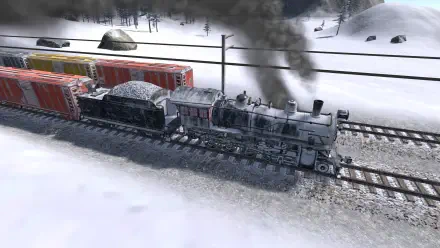 A HD desktop wallpaper featuring a steam locomotive pulling freight cars through a snowy landscape, capturing a scene from the video game Railroad Corporation 2.