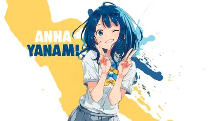 HD PC desktop wallpaper featuring Anna Yanami from Too Many Losing Heroines!, depicted as a cheerful anime girl with blue hair and a peace sign pose.