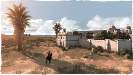 HD PC desktop wallpaper from the video game Red Dead Redemption, featuring a lone rider on horseback approaching a walled estate under a bright, partly cloudy sky.
