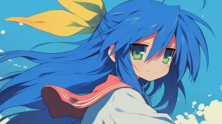HD desktop wallpaper featuring Konata Izumi from the anime Lucky Star. She has blue hair and green eyes, with a cheerful expression set against a bright blue background.
