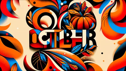 Vibrant 4K Ultra HD wallpaper featuring the word October surrounded by autumn-themed leaves and a pumpkin, showcasing bold colors and a dynamic design.