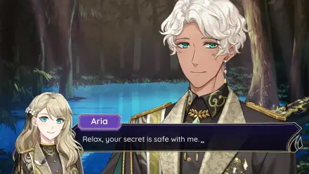 A scene from the video game Celestia: Chain of Fate, featuring two characters talking by a serene, blue-lit water background, showcasing the game's vibrant art style and narrative depth.