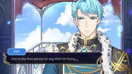 A character named Ash from the video game Celestia: Chain of Fate expresses surprise in a beautifully designed HD PC desktop wallpaper, set against a bright, cloud-filled sky.