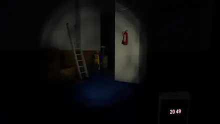 A dark, atmospheric scene from the video game Mannequin (2024), featuring a ladder and a fire extinguisher, creating a sense of mystery and tension. HD desktop wallpaper for immersive gaming.