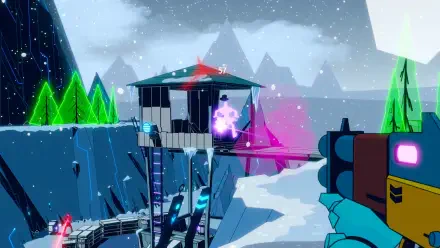 A vibrant HD wallpaper from the video game Wild Bastards, showcasing a snowy landscape with colorful structures and dynamic combat elements.