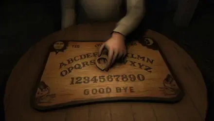 A mysterious scene from the video game Fears to Fathom - Woodbury Getaway, featuring a hand poised over an ominous ouija board, set against a dark, atmospheric background.