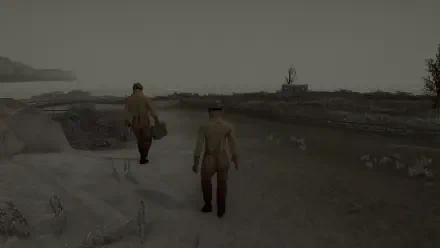 Two characters walk along a desolate landscape in a scene from the video game Hollowbody, set against a foggy, muted background. An atmospheric HD PC desktop wallpaper.