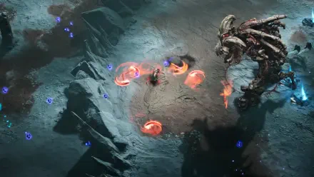 An action-packed scene from the video game Jotunnslayer: Hordes of Hel, featuring a character confronting a massive enemy amidst fiery spell effects in a dynamic, high-definition environment.