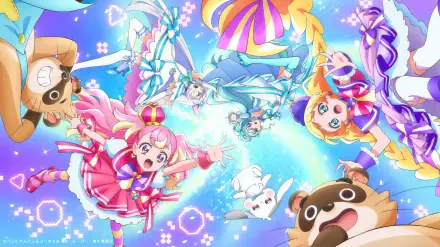 Colorful anime characters from Wonderful Pretty Cure! The Movie!: A Thrilling Adventure In The Game World! soar joyfully in a vibrant, magical HD PC desktop wallpaper.