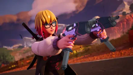 A vibrant 4K Ultra HD wallpaper featuring Gwenpool from Fortnite, aiming dual weapons with determination against a colorful landscape backdrop.