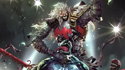 A dynamic Marvel Comics image featuring Knull, the menacing villain, dominating Venom in a dramatic, high-resolution comic style backdrop.