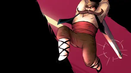 A dynamic HD wallpaper featuring a character from the video game Marko: Beyond Brave, showcasing a muscular figure with a mustache wielding a sword against a striking background.