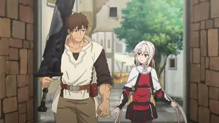 Anime-themed HD desktop wallpaper featuring two characters: a muscular man with a large sword and a young woman in a red outfit, walking together in a vibrant, lively setting.