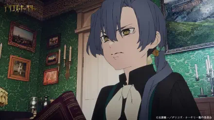 A detailed HD anime wallpaper featuring a character from Delico's Nursery, set against a richly decorated green room with vintage decor and a focused expression.