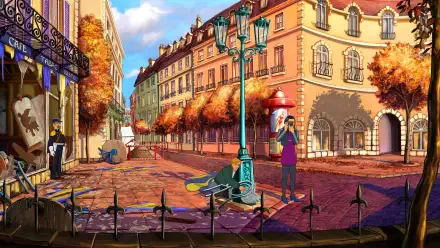 A vibrant street scene from the video game Broken Sword - Shadow of the Templars: Reforged, featuring colorful buildings, autumn trees, and characters exploring the lively setting.
