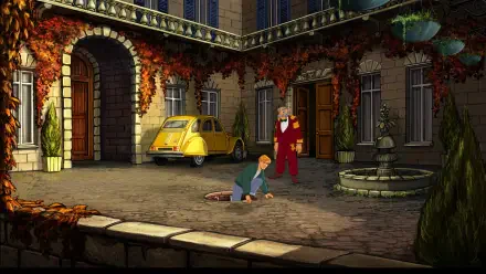 A vibrant HD wallpaper from the video game Broken Sword - Shadow of the Templars: Reforged, featuring a lush courtyard with a man inspecting a hole and a gentleman in red nearby.