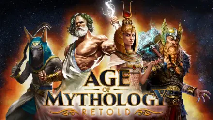 A dynamic HD wallpaper featuring iconic characters from Age of Mythology: Retold, showcasing mythological gods and warriors in a vibrant, action-packed design.