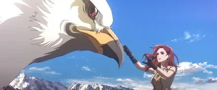 An anime-style image from The Lord of the Rings: The War of the Rohirrim, featuring a woman reaching out to a majestic eagle against a backdrop of mountains and blue skies.