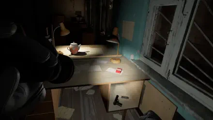 A detailed HD wallpaper from the video game Into the Radius VR, featuring a desk with a lamp, a teapot, scattered papers, and a pistol, set in a dimly lit room.