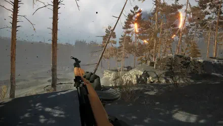 A gripping scene from Into the Radius VR, featuring a player holding a weapon amidst a desolate landscape of trees and rocky terrain, creating an immersive video game atmosphere.