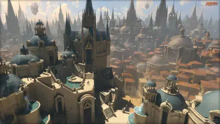A stunning HD desktop wallpaper featuring a magical cityscape inspired by the video game Magic: The Gathering, with intricate architecture and soaring towers under a bright sky.