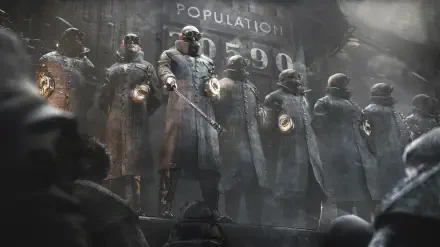 A powerful HD wallpaper from Frostpunk 2, featuring a group of imposing figures in dark uniforms, standing in front of a population sign, enveloped in a moody, dystopian atmosphere.