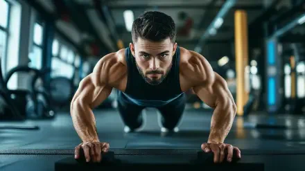 A muscular man performs push-ups in a modern fitness training environment, captured in 4K Ultra HD quality, showcasing intensity and dedication.