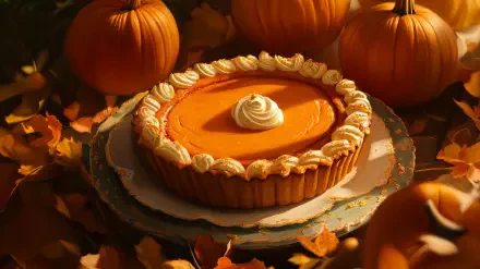 A beautifully crafted pumpkin pie topped with whipped cream sits on a plate, surrounded by pumpkins and autumn leaves, creating a warm fall atmosphere. 4K Ultra HD desktop wallpaper.
