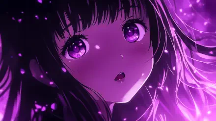 A captivating anime girl with deep purple eyes and flowing dark hair, surrounded by a swirl of purple light, serves as a stunning 4K Ultra HD wallpaper and background.