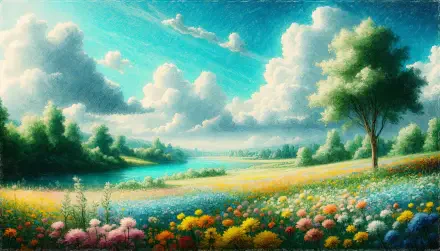 A serene landscape featuring vibrant flowers, lush trees, and a tranquil river under a bright sky, capturing a soft aesthetic in this stunning 4K Ultra HD wallpaper.