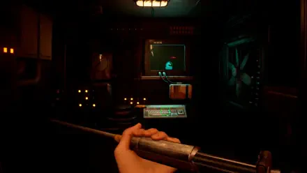 A dark, atmospheric HD desktop wallpaper from the video game Zoochosis, featuring a hand holding a weapon in a mysterious, tech-filled environment.