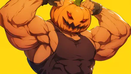 A buff anime character with a menacing pumpkin head poses confidently. Set against a vibrant yellow background, this 4K Ultra HD wallpaper captures a dynamic Halloween vibe.