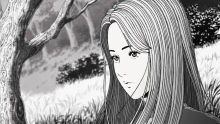 A striking HD anime wallpaper from Uzumaki: Spiral Into Horror, featuring a contemplative character amidst a haunting, monochromatic landscape.