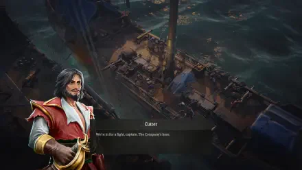 HD wallpaper from the video game Rogue Waters, featuring a character named Cutter against a backdrop of a ship and turbulent sea, inviting adventure and exploration.