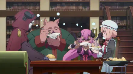 A lively scene from The Strongest Magician in the Demon Lord's Army was a Human, featuring characters enjoying a meal together in a library filled with books.