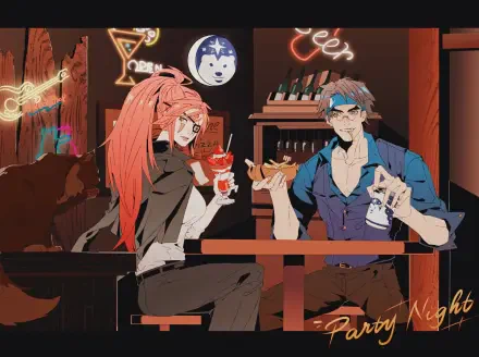 HD PC desktop wallpaper featuring Baiken from the video game Guilty Gear Strive, set in a lively bar scene with vibrant neon lights.