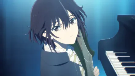 HD anime wallpaper from Bye Bye Earth featuring a character with dark hair holding a cello bow beside a piano, set against a moody, blue-lit background.