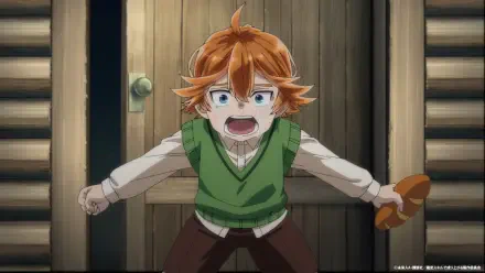 A young animated character with orange hair, wearing a green vest, shouts passionately in front of a door, inspired by As a Reincarnated Aristocrat I’ll Use My Appraisal Skill to Rise in the World.