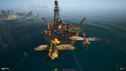 An HD PC desktop wallpaper showcasing an expansive ocean scene from the video game DUCKSIDE, featuring flying ducks near an industrial oil rig.