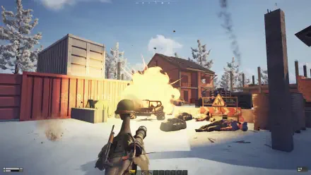 A dynamic scene from the video game DUCKSIDE, featuring a character in a snowy landscape amidst an explosion, surrounded by containers and debris, set as a HD PC desktop wallpaper.